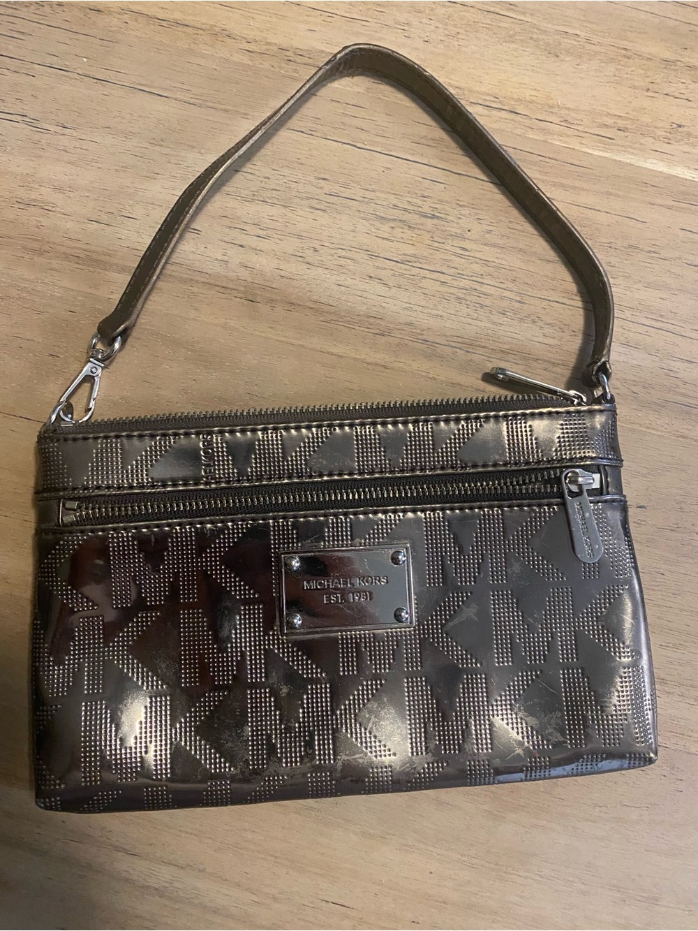 Michael Kors Metallic Bronze Logo Wristlet Bag